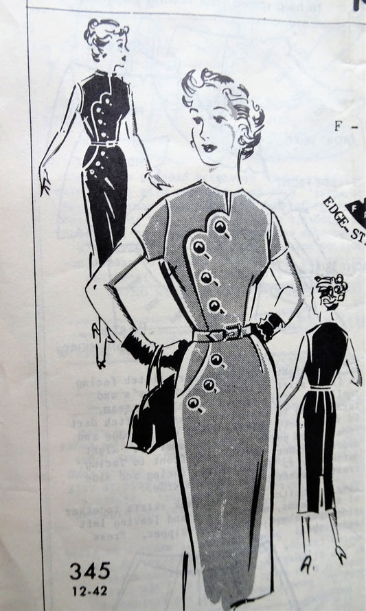 1950s STUNNING Dress Pattern Patt-O-Rama 345 Slim Day or After 5 Dress, Scalloped Side Interest, Bust 36 Vintage Sewing Pattern