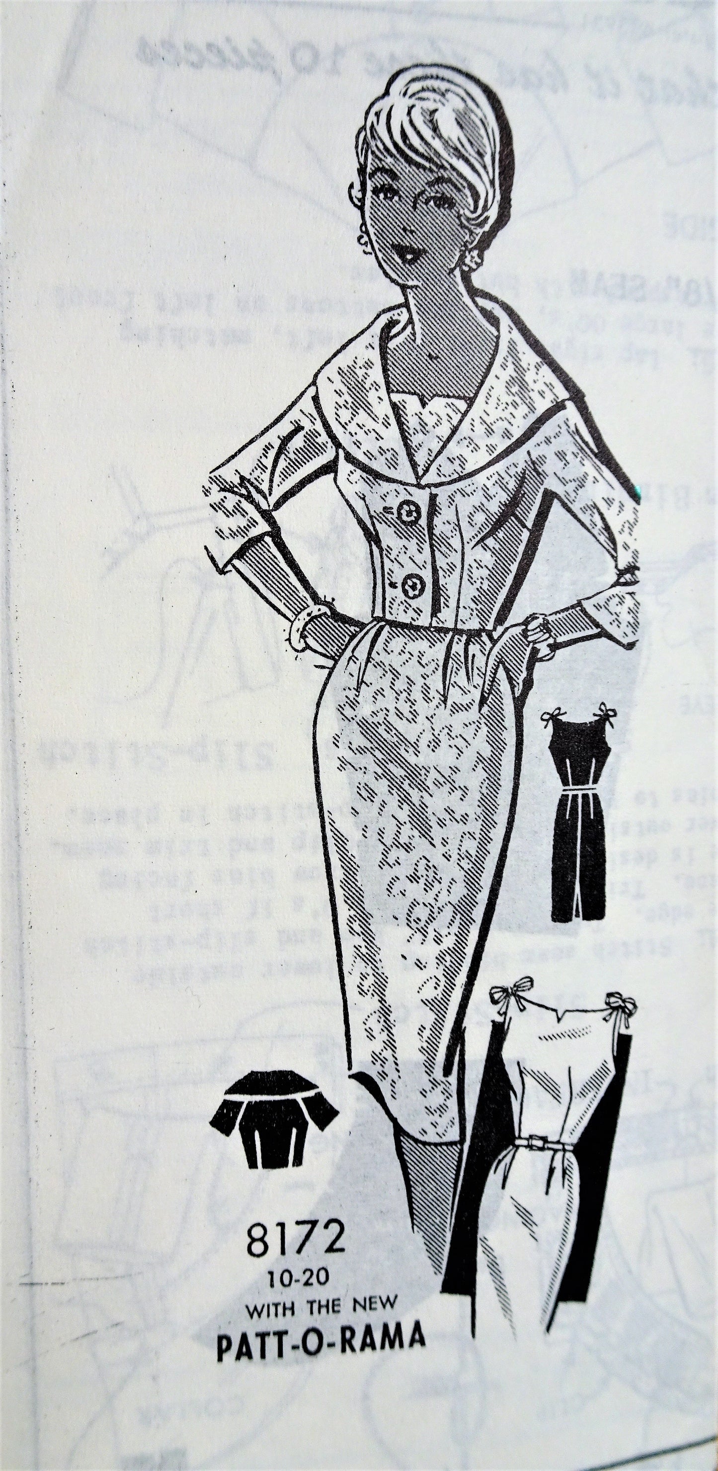 1960s CHIC Slim Dress and Jacket Pattern Patt-O-Rama 8172 Stunning Tie Shoulders Dress,Flattering Large Collar Jacket Day or Evening Bust 32 Vintage Sewing Pattern Factory Folded