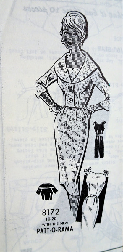 1960s CHIC Slim Dress and Jacket Pattern Patt-O-Rama 8172 Stunning Tie Shoulders Dress,Flattering Large Collar Jacket Day or Evening Bust 32 Vintage Sewing Pattern Factory Folded