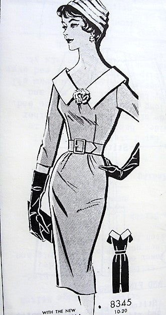 Late 1950s BOMBSHELL Slim Flattering Dress Pattern Pattorama 8345 Figure Hugging Dress Lovely V Neckline Wide Collar Bust 36 Vintage Sewing Pattern
