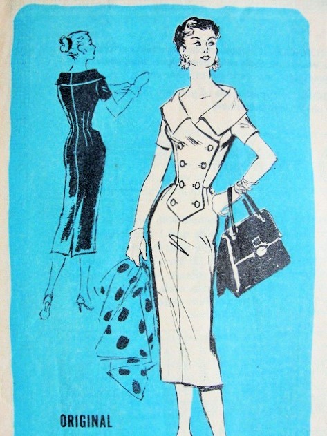 1950s Alan Phillips Slim Day or Cocktail Dress Pattern Prominent Designer A751 Flattering Portrait Collar Surplice Double Breasted Sophia Loren Wiggle Dress Vintage Sewing Pattern FACTORY FOLDED