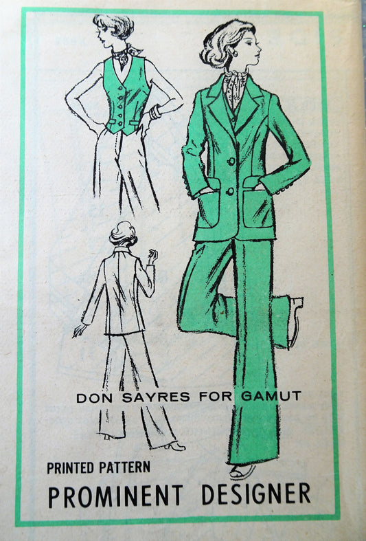 1970s Designer Don Sayres Pants Suit Pattern PROMINENT DESIGNER 882 Three Piece Suit Bust 36 Vintage Sewing Pattern FF