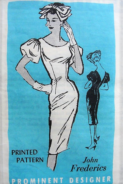 1950s GLAMOROUS Slim Designer John Frederics Evening Cocktail Party Dress Pattern PROMINATE DESIGNER A908 Figure Show Off Low V Back Bust 34 Vintage Sewing Pattern