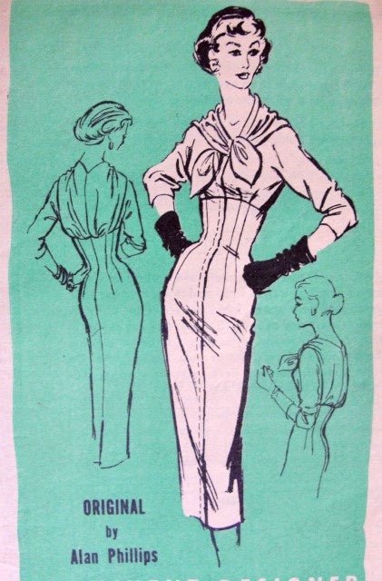 1950s Stunning Slim Dress Pattern Alan Phillips Prominent Designer A623 Vintage Sewing Pattern Ultra Slim Empire Sheath Unique Bloused Back With Tie Front Day or Cocktail Dress Bust 31 FACTORY FOLDED