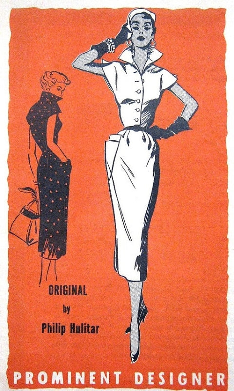 1950s SIZZLING Philip Hulitar Slim Dress Pattern PROMINENT Designer 221 Eye Catching Wing Collar Unique Double Pocket Wiggle Dress Bust 28 Vintage Sewing Pattern