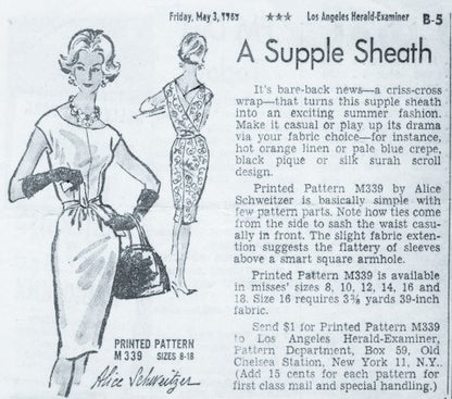 1960s Slim Wrap n Tie Surplice Low Back Sheath Dress Pattern PROMINENT Designer 339 Cocktail Evening Dress Bust 36 Vintage Sewing Pattern FF