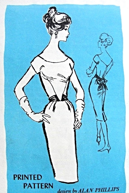 Late 50s Cocktail Party Evening Dress Pattern Slim Figure Show Off Sheath Dress Flirty Back Bow Sash Alan Philips Prominent Designer M402 Vintage Sewing Pattern Bust 32