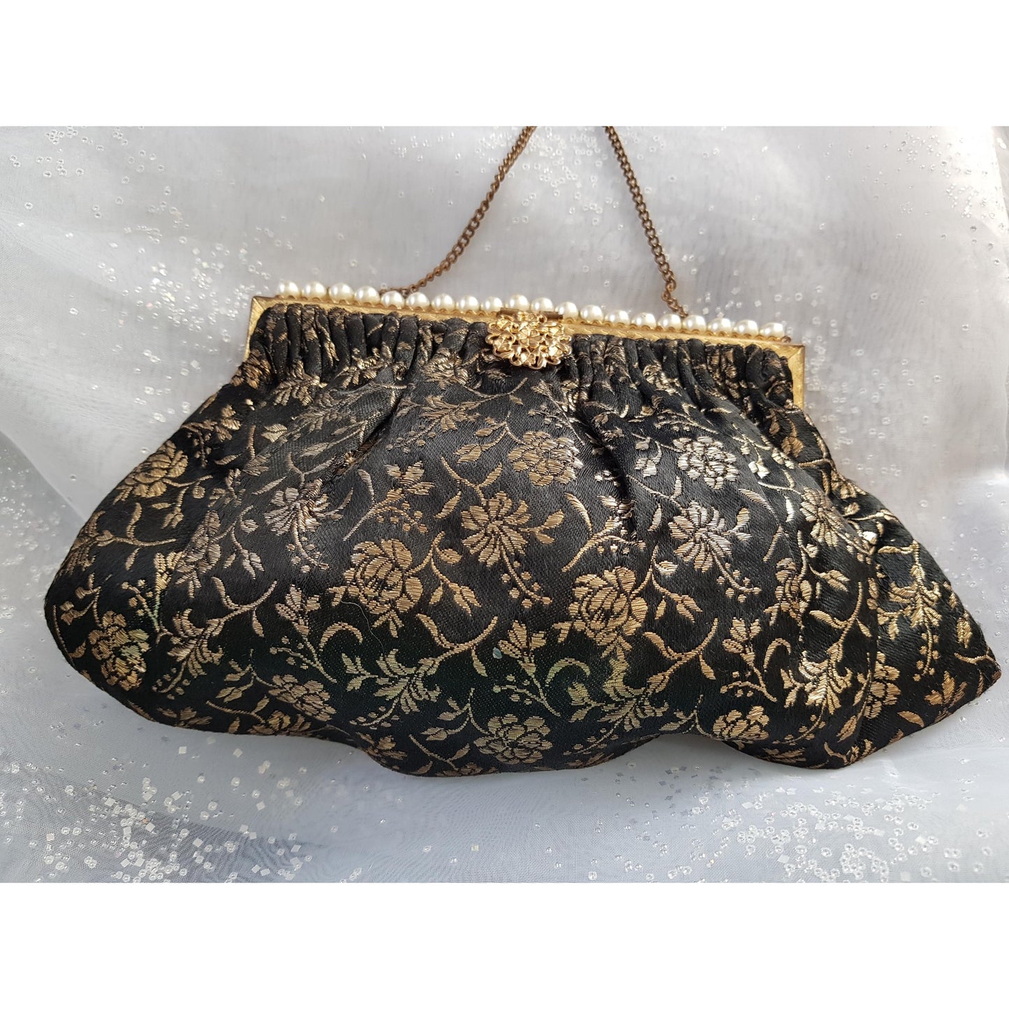GORGEOUS Art Deco Brocade Purse, French Evening Bag,Gold and Black Brocade,Gold Filigree Closure,Pearl Decoration,Collectible Antique Purses