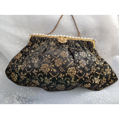 GORGEOUS Art Deco Brocade Purse, French Evening Bag,Gold and Black Brocade,Gold Filigree Closure,Pearl Decoration,Collectible Antique Purses