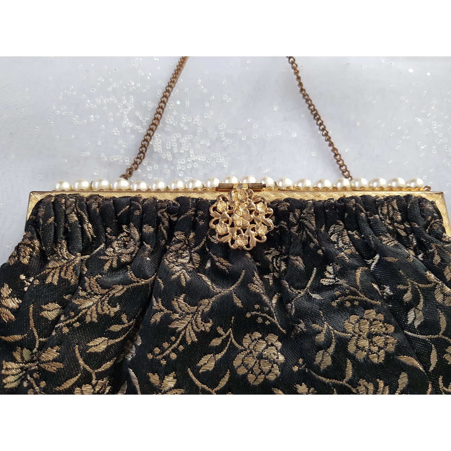 GORGEOUS Art Deco Brocade Purse, French Evening Bag,Gold and Black Brocade,Gold Filigree Closure,Pearl Decoration,Collectible Antique Purses