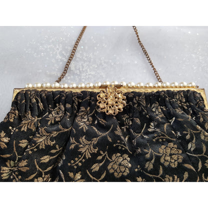 GORGEOUS Art Deco Brocade Purse, French Evening Bag,Gold and Black Brocade,Gold Filigree Closure,Pearl Decoration,Collectible Antique Purses