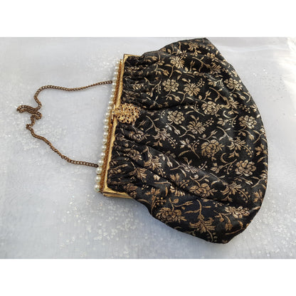 GORGEOUS Art Deco Brocade Purse, French Evening Bag,Gold and Black Brocade,Gold Filigree Closure,Pearl Decoration,Collectible Antique Purses