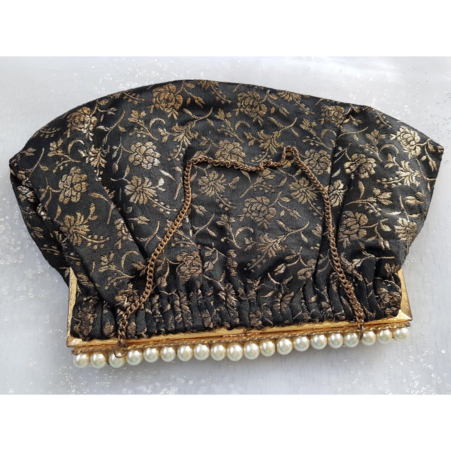 GORGEOUS Art Deco Brocade Purse, French Evening Bag,Gold and Black Brocade,Gold Filigree Closure,Pearl Decoration,Collectible Antique Purses