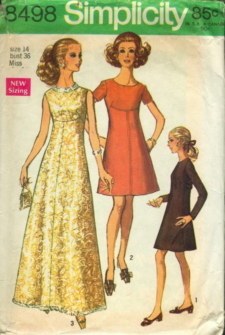 1960s Day or Evening Dress Pattern Figure Flattering Seam Interest, Formal Length or Daytime Short Simplicity 8498 Vintage Sewing Pattern