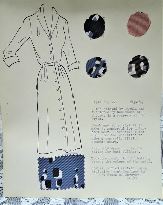 1950s Vintage SALESMAN SAMPLE Dress Sketch Print and Fabric Swatches Perfect To Frame Sewing Room Inspiration For Dress or Fabric Designer,Fashion Interest, Gift