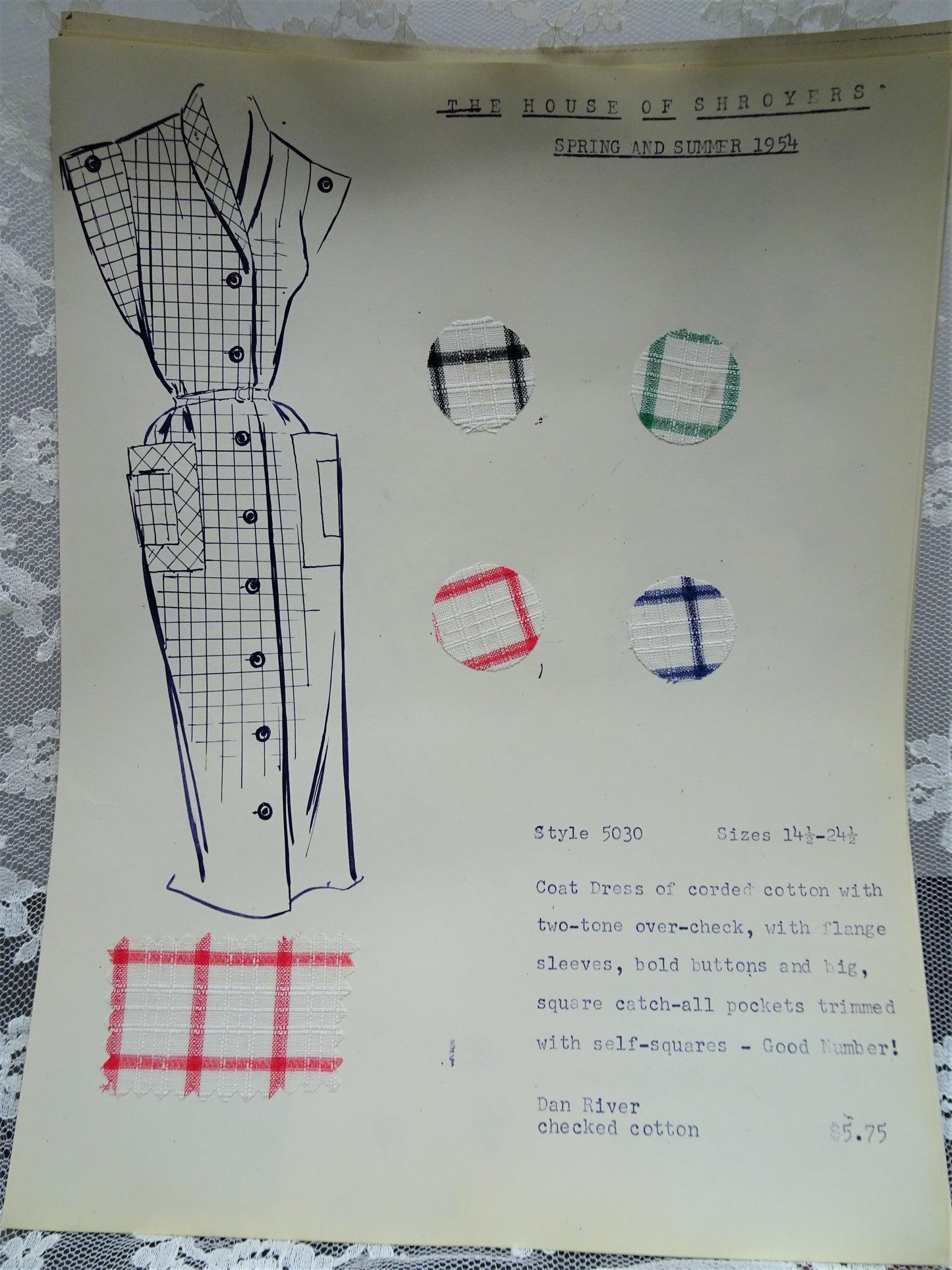 1950s Vintage SALESMAN SAMPLE Dress Sketch Print and Fabric Swatches Perfect To Frame Sewing Room Inspiration For Dress or Fabric Designer,Fashion Interest, Gift