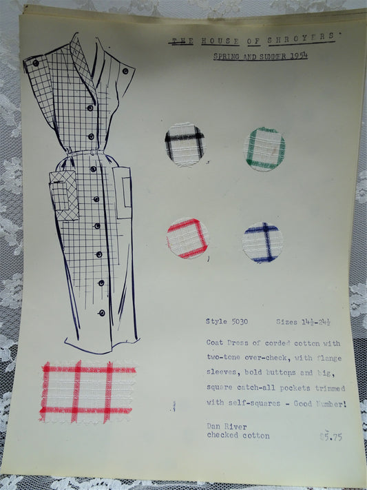 1950s Vintage SALESMAN SAMPLE Dress Sketch Print and Fabric Swatches Perfect To Frame Sewing Room Inspiration For Dress or Fabric Designer,Fashion Interest, Gift