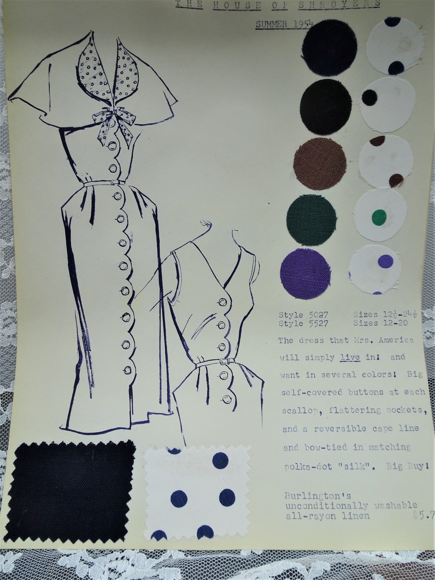 1950s Vintage SALESMAN SAMPLE Dress Sketch Print and Fabric Swatches Perfect To Frame Sewing Room Inspiration For Dress or Fabric Designer,Fashion Interest, Gift