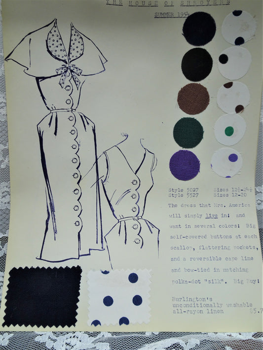 1950s Vintage SALESMAN SAMPLE Dress Sketch Print and Fabric Swatches Perfect To Frame Sewing Room Inspiration For Dress or Fabric Designer,Fashion Interest, Gift