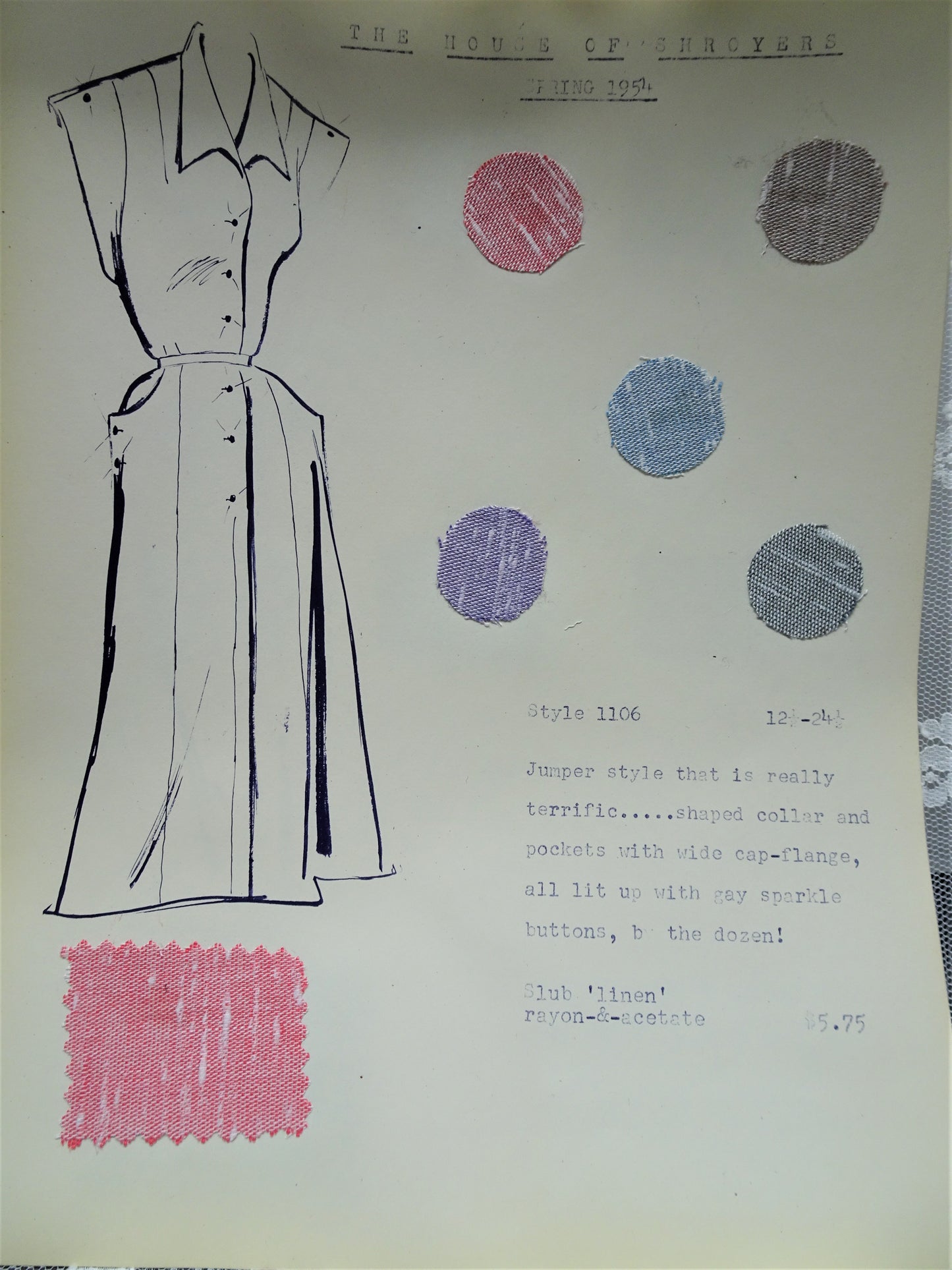 1950s Vintage SALESMAN SAMPLE Dress Sketch Print and Fabric Swatches Perfect To Frame Sewing Room Inspiration For Dress or Fabric Designer,Fashion Interest, Gift