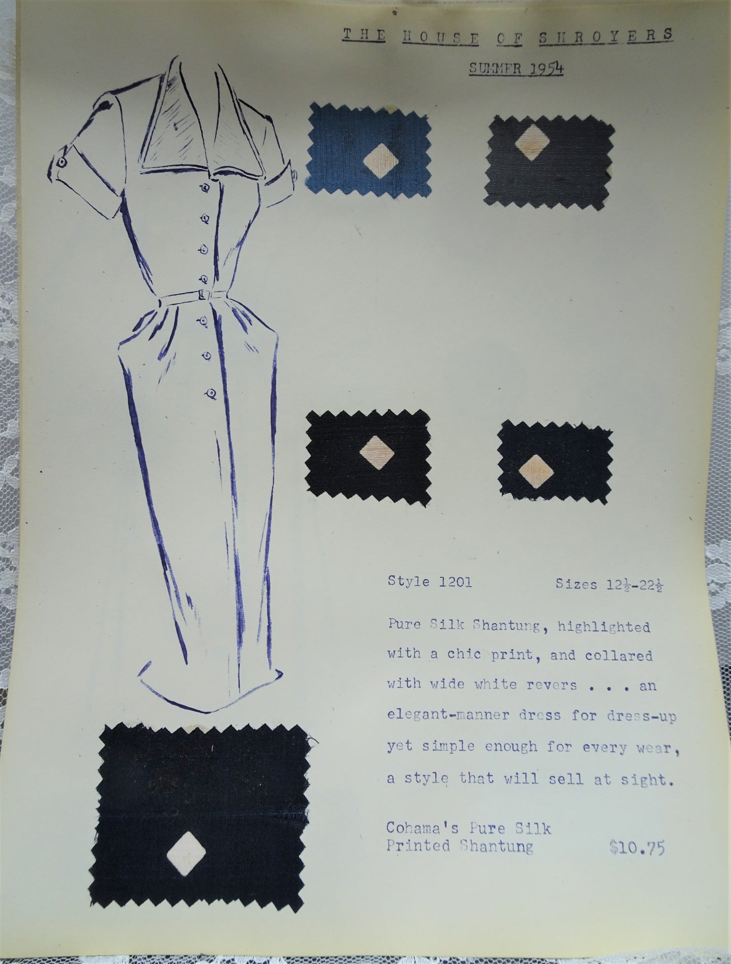 1950s Vintage SALESMAN SAMPLE Dress Sketch Print and Fabric Swatches Perfect To Frame Sewing Room Inspiration For Dress or Fabric Designer,Fashion Interest, Gift