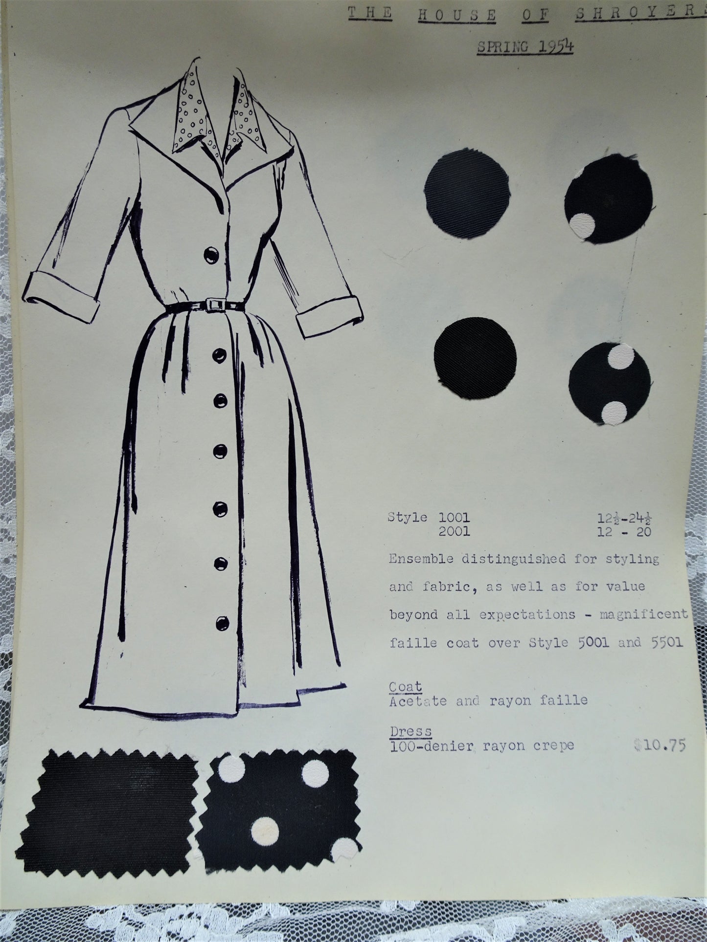 1950s Vintage SALESMAN SAMPLE Dress Sketch Print and Fabric Swatches Perfect To Frame Sewing Room Inspiration For Dress or Fabric Designer,Fashion Interest, Gift