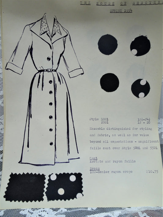 1950s Vintage SALESMAN SAMPLE Dress Sketch Print and Fabric Swatches Perfect To Frame Sewing Room Inspiration For Dress or Fabric Designer,Fashion Interest, Gift