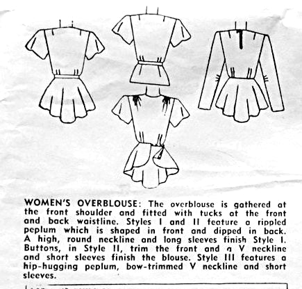 1940s BEAUTIFUL Peplum Over Blouses Pattern SIMPLICITY 2271 Three Unique Blouse  Styles Evening or Daytime Figure Flattering Cascade Back Peplum Version Bust 34 Vintage Sewing Patterns