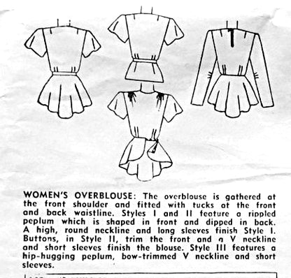 1940s BEAUTIFUL Peplum Over Blouses Pattern SIMPLICITY 2271 Three Unique Blouse  Styles Evening or Daytime Figure Flattering Cascade Back Peplum Version Bust 34 Vintage Sewing Patterns