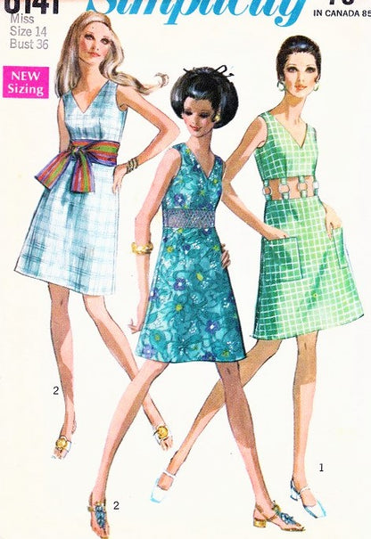 60s Evening Cocktail Party Sun Dress Pattern Simplicity 8141 Three Versions 2 Bare Midriff Disco Styles Plus Obi Sash Vintage Sewing Pattern UNCUT Bust 36