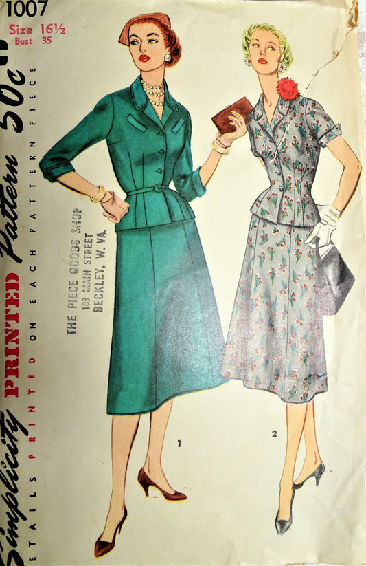 1950s FLATTERING Suit Dress Pattern SIMPLICITY 1007 Lovely Fitted Jacket and Flared Skirt,2 Versions Bust 35 Vintage Sewing Pattern