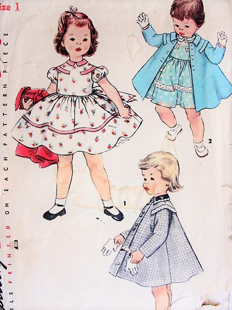 1950s SWEET Toddlers Dress and Coat Pattern SIMPLICITY 1021 Little Girls Party Dress Size 1 Childrens Vintage Sewing Pattern