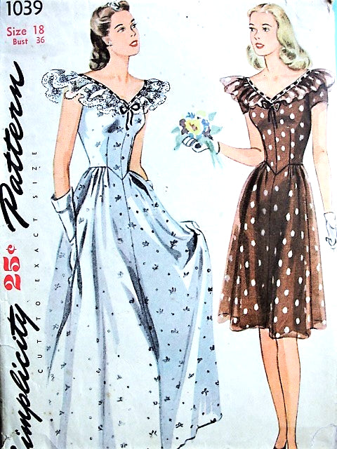 1940s BEAUTIFUL Evening Party Dress Pattern SIMPLICITY 1039 Figure Flattering Design Bust 36 Vintage Sewing Pattern FACTORY FOLDED