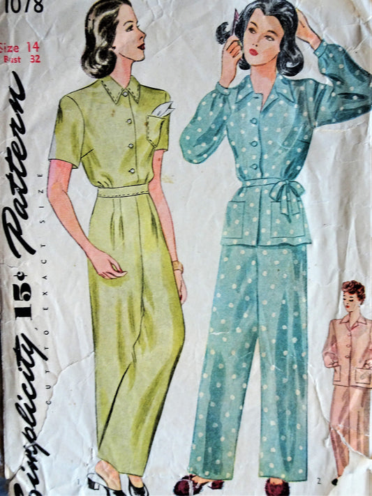 1940s Lounging Pajamas Sleepwear Pattern SIMPLICITY 1078  Classic Pajamas, Wide Leg Trousers,Tuck In or Overblouse, Bust 32 Vintage Sewing Pattern