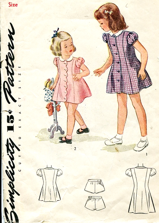 1940s SWEET Little Toddler Girls Dress Pattern SIMPLICITY 1095 Front Button Dress and Panties, Two Cute Styles Size 2 Vintage Sewing Pattern