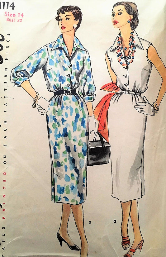 50s CLASSY Slim Dress Pattern SIMPLICITY 1114 Day or After 5 Shirtdress Simple To Make Bust 32 Vintage Sewing Pattern
