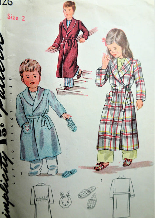 SWEET 1940s WW II  Toddlers Robe and Slippers Pattern SIMPLICITY 1126 Includes Bunny Transfer Cute Styles Size 2  Childrens Vintage Sewing Pattern