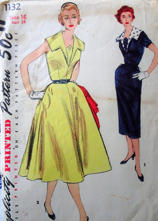 1950s ROCKABILLy Dress Pattern SIMPLICITY 1132 Two Skirts Full or Slim, Detachable Collar, Unique Style,Bust 34 Vintage Sewing Pattern