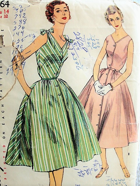 1950s EFFORTLESS Button Front Dress Simplicity 1164 Bust 32 Vintage Sewing Pattern