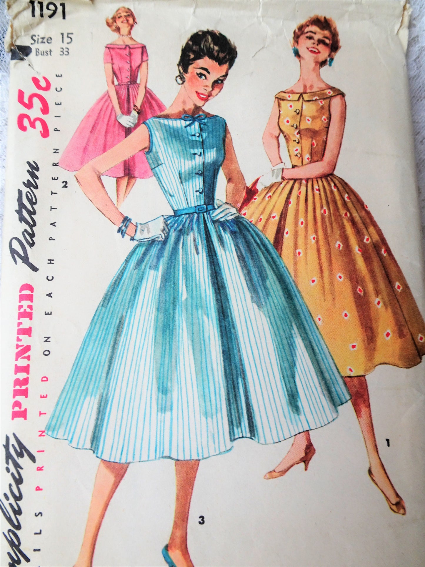 1950s PRETTY Day or Party Dress Pattern SIMPLICITY 1191 Three Style Versions, Fit and Flare, Bust 33 Vintage Sewing Pattern