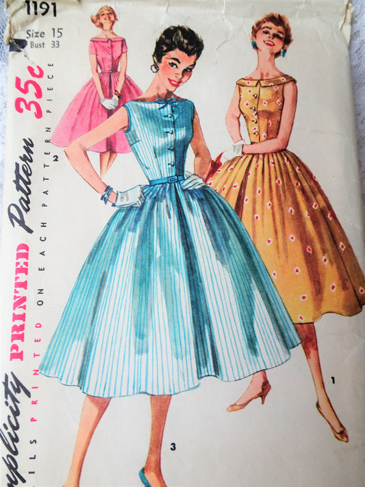 1950s PRETTY Day or Party Dress Pattern SIMPLICITY 1191 Three Style Versions, Fit and Flare, Bust 33 Vintage Sewing Pattern