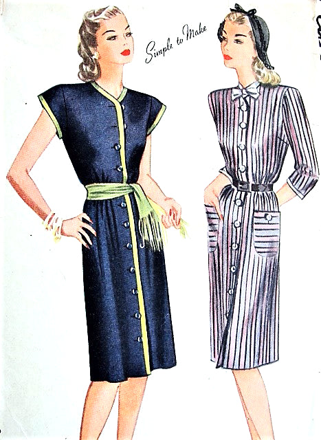 1940s SLEEK Dress and Dickey Pattern SIMPLICITY 1214 Easy Forties WW II Chic Front Button Dress Two Styles Bust 36 Vintage Sewing Pattern