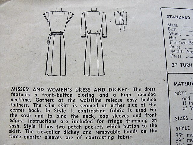 1940s SLEEK Dress and Dickey Pattern SIMPLICITY 1214 Easy Forties WW II Chic Front Button Dress Two Styles Bust 36 Vintage Sewing Pattern