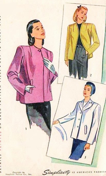 1940s STYLISH Day or Evening  Jackets  Coat Pattern SIMPLICITY 1219 Three Beautiful Style Versions, Bust 32 Vintage Sewing Pattern