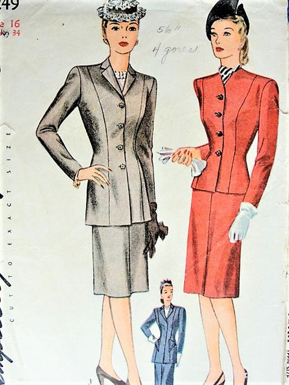 1940s STYLISH Suit Pattern SIMPLICITY 1249 Figure Flattering Jacket With Slim Princess Lines, Slim Skirt Bust 34 Vintage Sewing Pattern