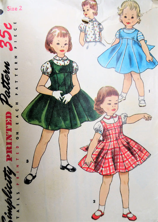 1950s CHARMING Little Girls Jumper Dress and Sweet Blouse Pattern SIMPLICITY 1251 Lovely Design Size 2 Childrens Vintage Sewing Pattern
