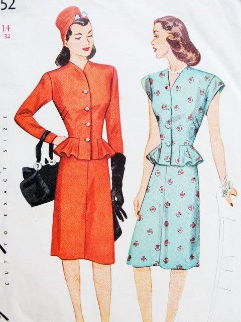 1940s Lovely  2 Pc Peplum Dress Pattern Simplicity 1252 Suit or Dress Flirty Evening or Daytime Bust 32 Vintage Sewing Pattern