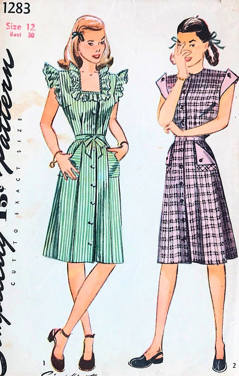 1940s CUTE Front Button Dress Pattern SIMPLICITY 1283 War Time WW II Style, 2 Pretty Necklines Bust 30 Vintage Sewing Pattern
