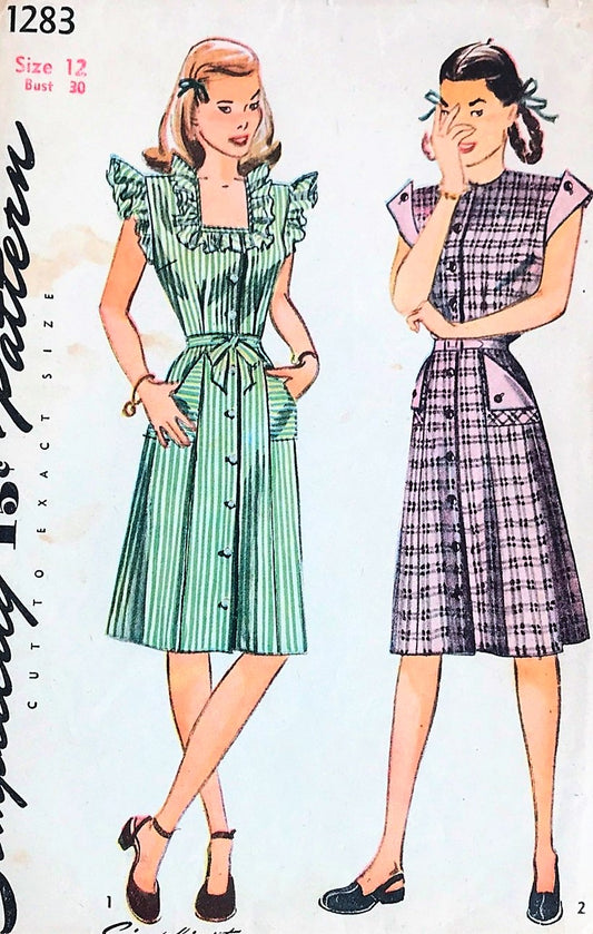 1940s CUTE Front Button Dress Pattern SIMPLICITY 1283 War Time WW II Style, 2 Pretty Necklines Bust 30 Vintage Sewing Pattern