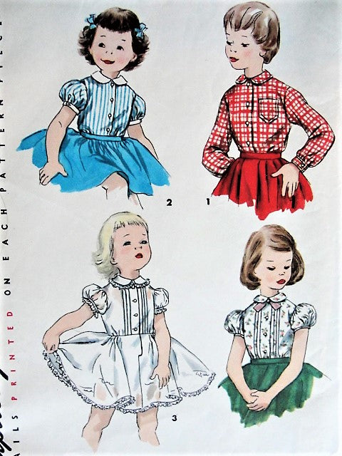 Vintage 1950s SWEET Little Girls Blouse with or without Petticoat Pattern SIMPLICITY 1287 Three Style, Puff Sleeves, Size 5 Vintage Sewing Pattern